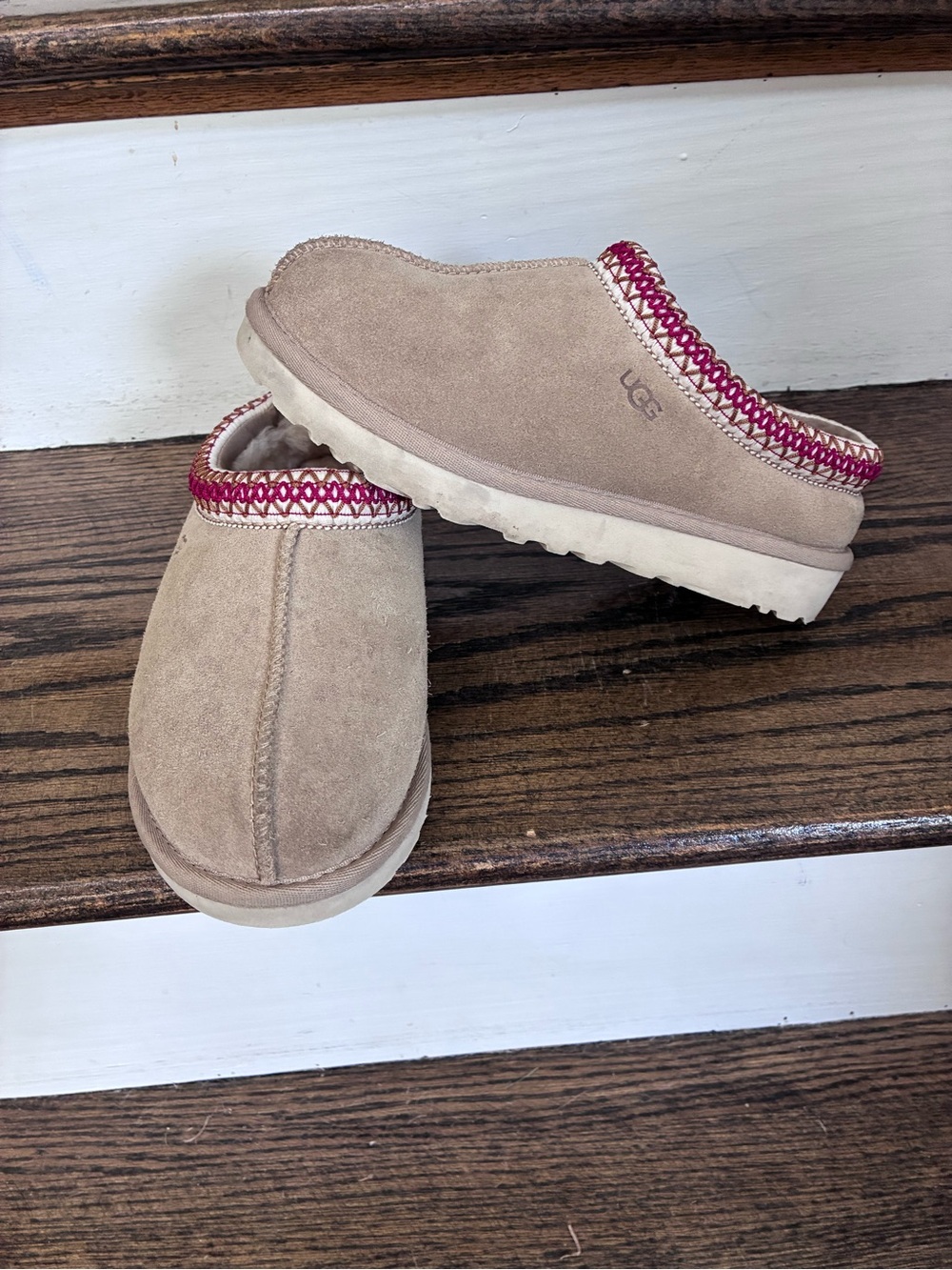 UGG Tan Suede Slip-On Clogs with Pink Trim